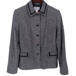 Pendleton Wool Blend Tweed Blazer Jacket Women's 10 Tall Black Grey Leather Trim